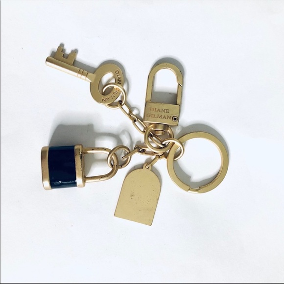 Vintage DG2 Purse Charms Keychain Black Gold Belt Chain Diane Gilman Key Lock - Picture 6 of 8